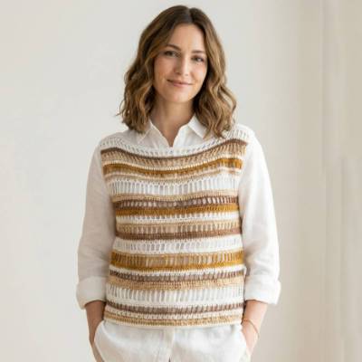 Häkel-Pullunder Baumwollmix weiß braun – Damen Slipover Unikat mit Ajour Muster