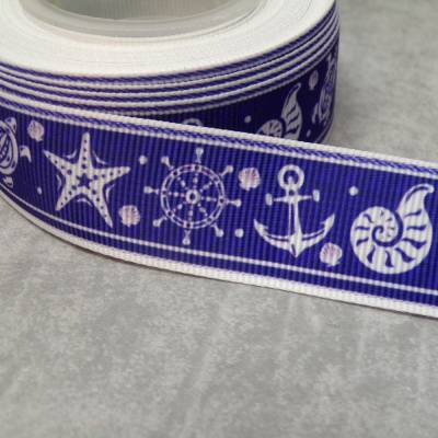 Maritimes Ripsband 22 mm Blau – Anker, Steuerrad, Seestern & Muscheln für Nähen & Deko