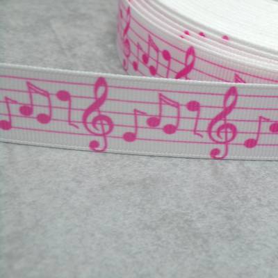 Ripsband mit Noten – Musik, Chor, Singen, Weiss/Rosa – 22 mm Webband zum Nähen