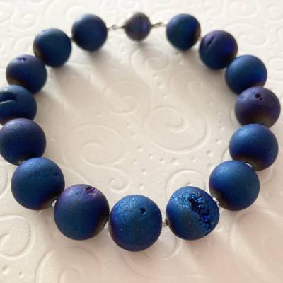 Blaues Achat Armband 22 cm Handarbeit mit Magnetverschluss, Drusenachat & Silber – Unikat Geschenk