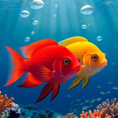 Zwei farbenfrohe Riff-Fische im Lichtspiel – lebendige KI-Unterwasserkunst als digitaler Download