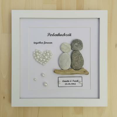 Perlenhochzeit Steinbild mit Perlenherz – Handgefertigtes Unikat & personalisiertes Geschenk, STB-364