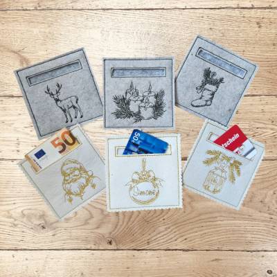 Stickdatei Weihnachten Vintage Gutscheinhülle ITH Set 986 – Doodle Lineart, 6 Motive, 99mm