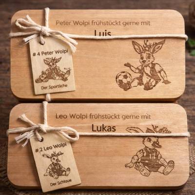 Personalisiertes Frühstücksbrettchen Kinder mit Name – Wolpertinger Leo & Peter – Geschenkidee aus FSC-Birkenholz