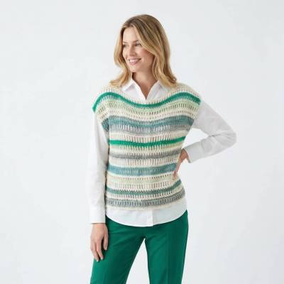 Häkelpullunder Damen aus Baumwollmix – Handgemacht in Weiß Grün, ärmellos, Ajour Muster