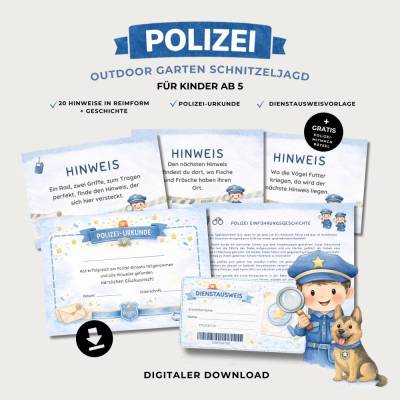 Outdoor Schnitzeljagd  Kinder ab 5 Jahre, Polizei Schatzsuche Garten,  Kindergeburtstag Schnitzeljagd draußen, PDF