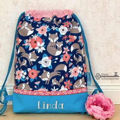 Kinderturnbeutel Familie Fuchs - personalisierter Stoffbeutel für Kinder - türkis