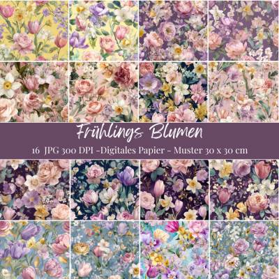 Bunte Frühlingsblumen Digitales Blumenmuster  30x30 cm 300 dpi