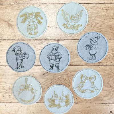Stickdatei Weihnachten Vintage Untersetzer Mug Rug 2 Set 986 ITH – Doodle Lineart, 8 Motive, 99mm