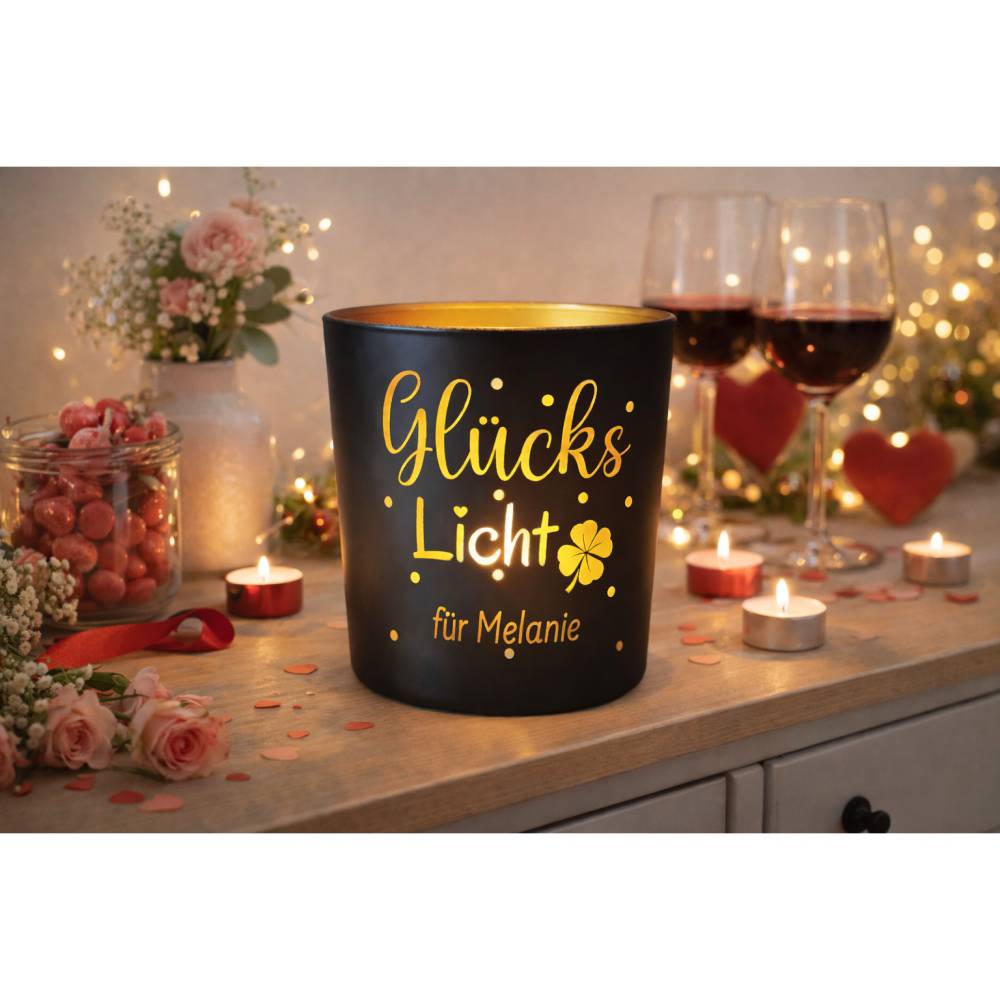 Glückslicht – Personalisiertes Windlicht | Geschenk mit Herz | Geschenk zur Freundschaft, Liebe, Geburtstag Bild 1