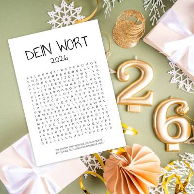 Neujahrskarte 2026 – Wortsuche Postkarte A6 als achtsames Jahresmotto & Silvester Geschenk