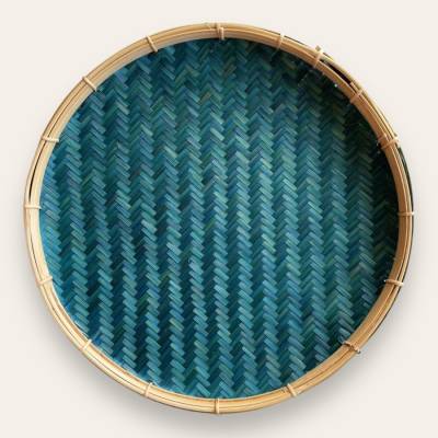 Boho Wanddekoration handgeflochten – Rundes Seegras Tablett & Holz – Serviertablett Blau