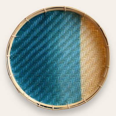 Boho Wanddekoration handgeflochten – Rundes Seegras Tablett & Holz – Serviertablett Gradient Blue