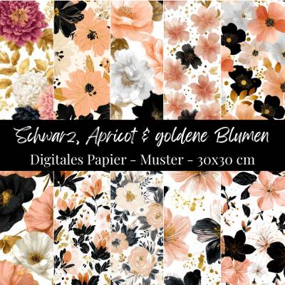 Elegante Digitale Blumenmuster in Schwarz, Apricot & Gold - 30x30 cm