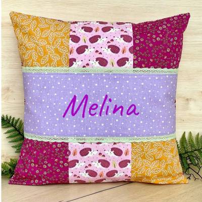 Igel Kissenbezug mit Namen - KIssenhülle im Patchworkstil, 40x40cm