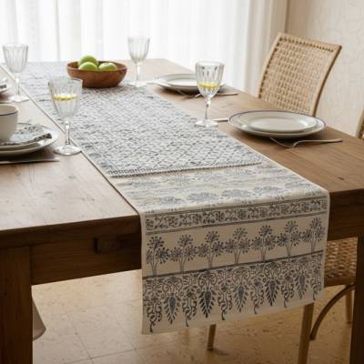 Tischläufer Groß Baumwolle Indigo Blockdruck – Handgefertigt, 40x240 cm – Blau Weiß Boho Deko