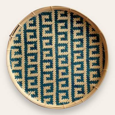 Boho Wanddekoration handgeflochten – Rundes Seegras Tablett & Holz – Serviertablett Praek