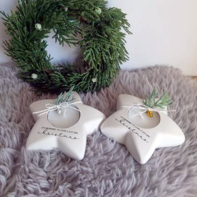 Teelichthalter Stern aus weißer Gießkeramik – Weihnachtsdeko im Skandi-Look mit Spruch