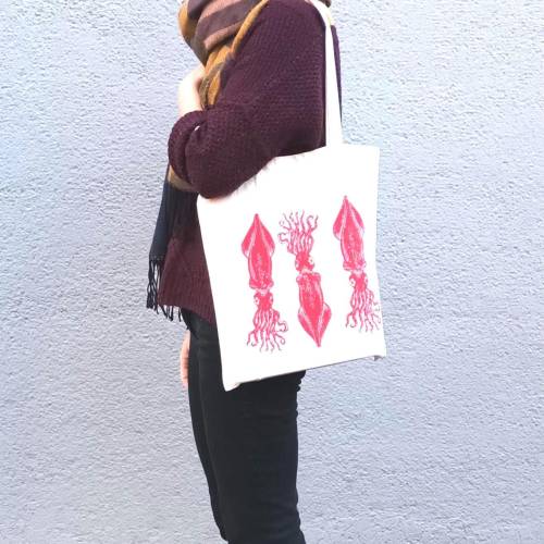 Tragetasche, Kraken, Linoldruck, handbedruckt