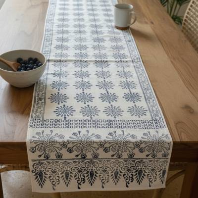 Tischläufer Groß Baumwolle Indigo Blockdruck – Handgefertigt, 40x240 cm – Blau Weiß Boho Deko