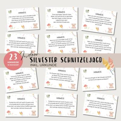 Silvester Schnitzeljagd für Kinder, Indoor Schatzsuche mit 23 Reimkarten & Urkunde, PDF Spiel zum Ausdrucken