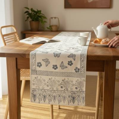 Tischläufer Groß Baumwolle Indigo Blockdruck – Handgefertigt, 40x240 cm – Blau Weiß Boho Deko