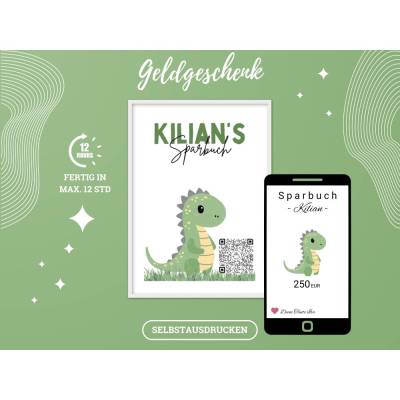 QR-Code Sparbuch Dino | Cooles Geldgeschenk für Jungen | DIY Last-Minute Download | Digitales Sparbild PNG