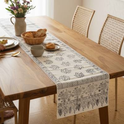 Tischläufer Groß Baumwolle Indigo Blockdruck – Handgefertigt, 40x240 cm – Blau Weiß Boho Deko