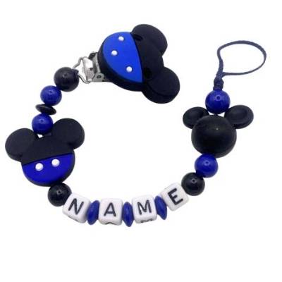 Schnullerkette mit Namen – Maus in Dunkelblau – Silikon Babygeschenk für Jungen