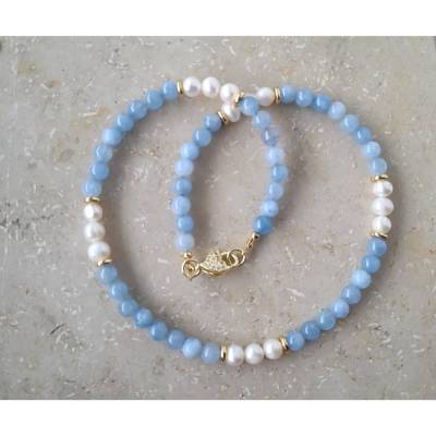Aquamarin Edelsteinkette für Damen, Schmuck Handgemacht, 18k Gold Filled Verschluss, Perlenkette mit Süßwasserperlen