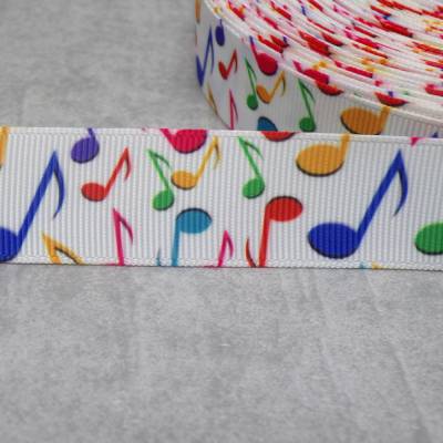 Ripsband mit bunten Musiknoten – 22 mm, weiß, perfekt für Näh- und DIY-Projekte