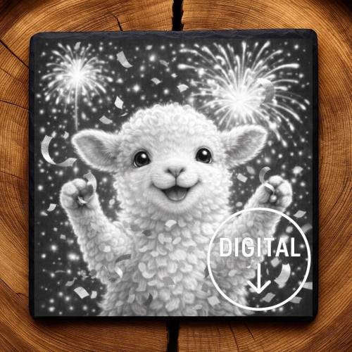 Laserdatei Lamm Silvester/Party – Gravurdatei PNG für Schiefer & Holz | Bildgravur