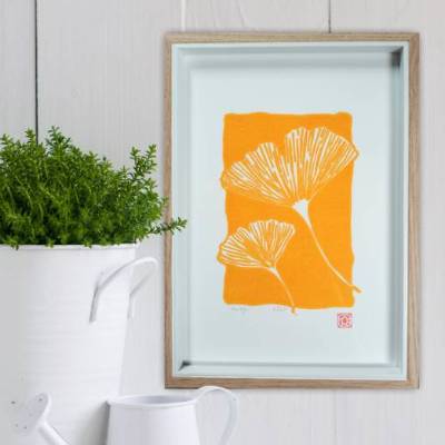 Linoldruck, Ginkgo, handgedruckt im DIN A4-Format, handsigniert