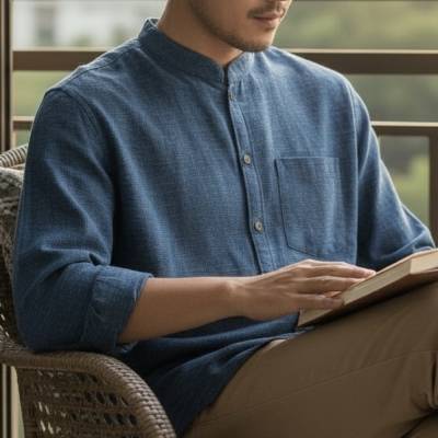 Handgewebtes Indigo Hemd Herren – Naturfärbung, Handgesponnen, Stehkragen & Fair Trade