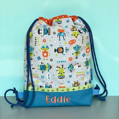 personalisierter Turnbeutel Roboter - Wäschebeutel mit Namen für Kindergarten und Schule