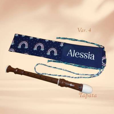 Flötentasche mit Namen, Flötenbeutel - Regenbogen blau (mit optionalen Zubehör)