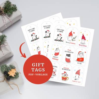 DIY-Druckvorlage: Weihnachts-Geschenkanhänger mit Katzen – Gratis PDF A4