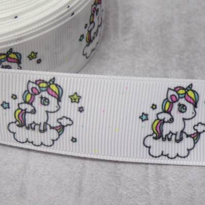 Einhorn Ripsband 25 mm – Bunte Borte Regenbogen weiss