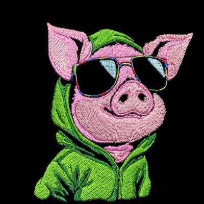 Cooles Schwein Stickdatei 10x10cm –Lustiges Lichteffekt-Muster für schwarze Stoffe