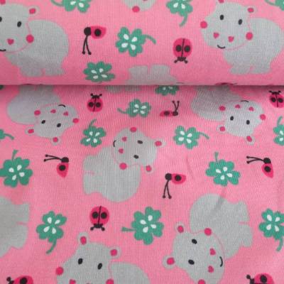 Rest:1,50m x 1,50m Baumwolljersey  Glücks Hippo Nilpferd Kleeblatt Rosa   