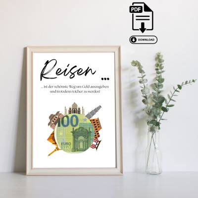 Geldgeschenk Reisen - Last Minute Geschenk Geld - PDF Download zum Ausdrucken - Reisekasse Urlaubsgeld Travel Abenteuer