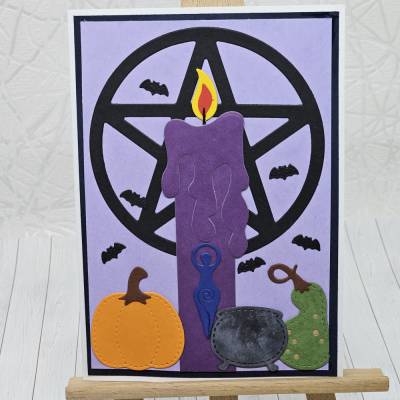 Grußkarte Samhain | Handgefertigte Karte zum Jahreskreisfest | Mit Pentagramm, Kürbis, Kessel & blauer Göttin