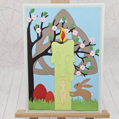 Grußkarte Ostara | Handgefertigte Karte zum Jahreskreisfest | Mit Hase, Eiern & grau-brauner Triquetra | Frühlingszauber