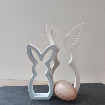 Handgefertigte Hasenfiguren Dusty Blue & Weiß aus Profiplast 200 – Moderne Osterdeko im Set