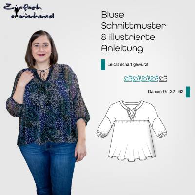 Schnittmuster Damen Bluse im Babydoll-Stil mit verschiedenen Ärmeln, Größe 32 - 62, deutsche Anleitung, ebook Bluse