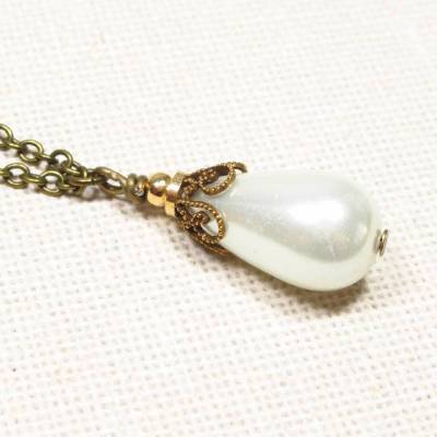 Halskette RENAISSANCE – Vintage-Kette aus bronzefarbenem Messing & Glaswachsperle (1247)