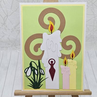 Grußkarte Imbolc | Handgefertigte Karte zum Jahreskreisfest | Triskele, Göttin & Schneeglöckchen | Frühlingserwachen
