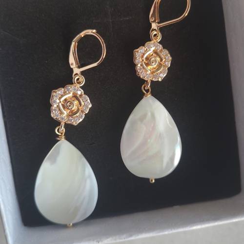 Perlmutt Tropfen Ohrringe Vergoldet, Handgemachte Ohrringe Lang