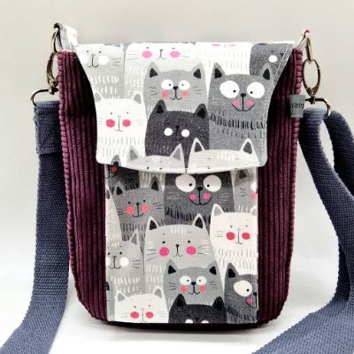 Kleine Umhängetasche Cord mit Katzen lila/grau