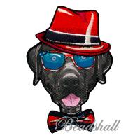 Bügelbild Hund mit Hut Brille und Schleife lustige Applikation Bild 1